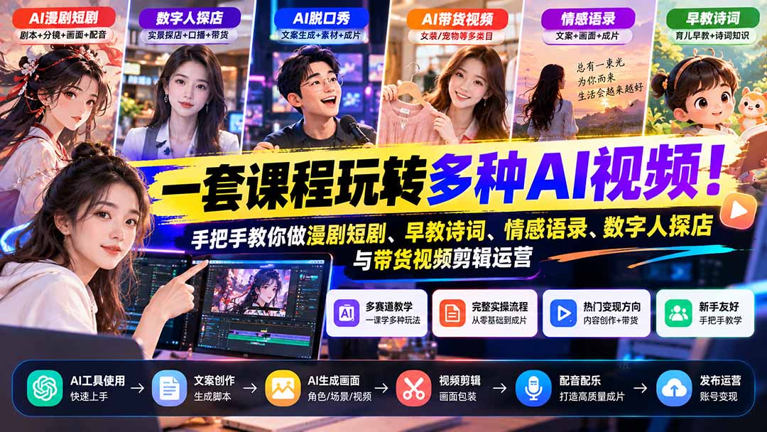 （21271期）【无水印】一套课程玩转多种AI视频！手把手教你做漫剧短剧、早教诗词、情感语录、数字人探店与带货视频剪辑运营