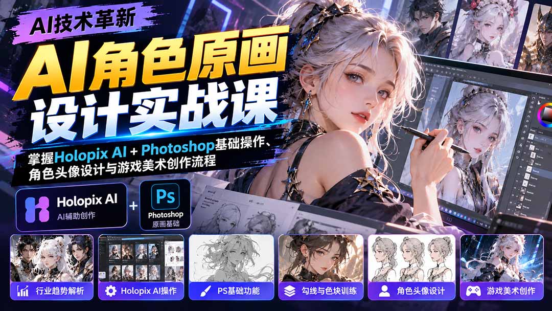 (20837期)AI角色原画设计实战课:掌握Holopix AI+Photoshop基础操作、角色头像设计与游戏美术创作流程
