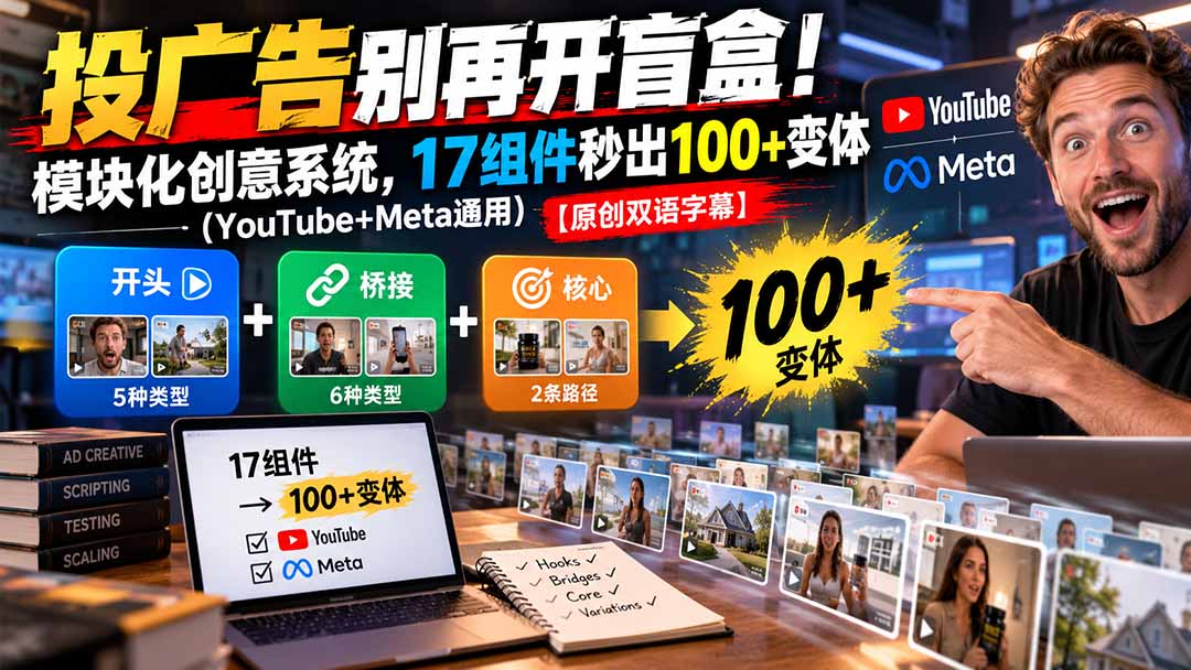 (20840期)投广告别再开盲盒!模块化创意系统,17组件秒出100+变体(YouTube+Meta通用)【原创双语字幕】