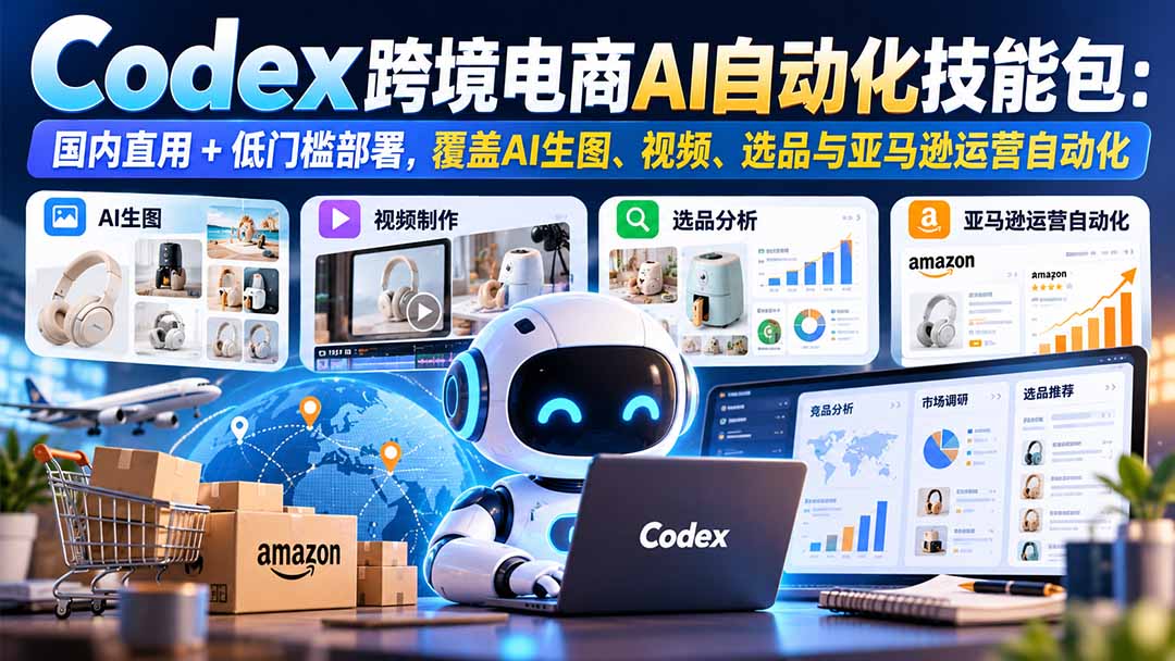 (20752期)【无水印】Codex跨境电商AI自动化技能包:国内直用+低门槛部署,覆盖AI生图、视频、选品与亚马逊运营自动化