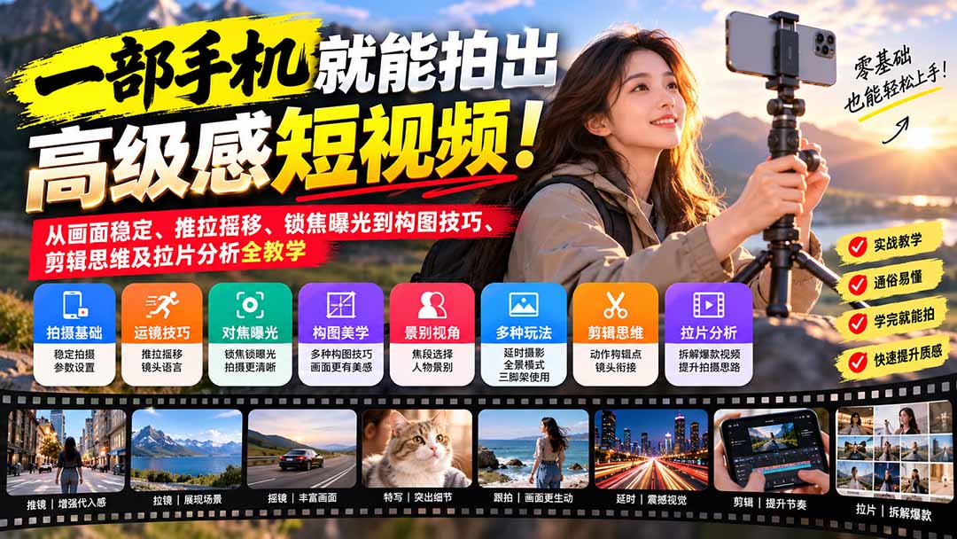 (21272期)一部手机就能拍出高级感短视频!从画面稳定、推拉摇移、锁焦曝光到构图技巧、剪辑思维及拉片分析全教学