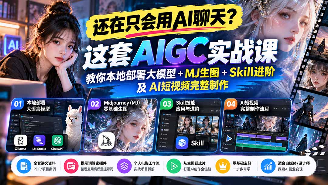 （21135期）【无水印】还在只会用AI聊天？这套AIGC实战课教你本地部署大模型+MJ生图+Skill进阶及AI短视频完整制作