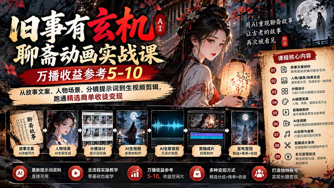 (20789期)旧事有玄机AI聊斋动画实战9月新课:万播收益参考5-10,从故事文案、人物场景到分镜生视频,跑通精选商单收徒