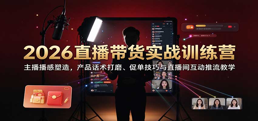 2026直播带货实战训练营:主播播感塑造,产品话术打磨、促单技巧与直播间互动推流教学