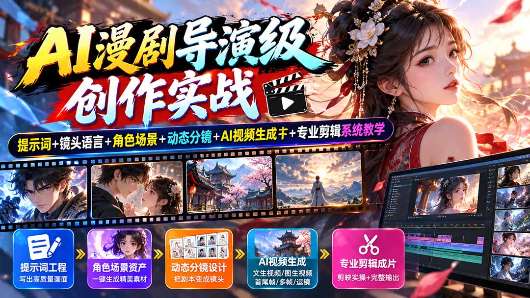 （20814期）AI漫剧导演级创作实战：提示词+镜头语言+角色场景+动态分镜+AI视频生成+专业剪辑系统教学