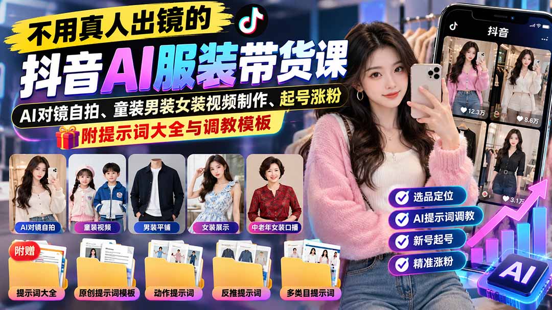 (20960期)不用真人出镜的抖音AI服装带货课:AI对镜自拍、童装男装女装视频制作、起号涨粉,附提示词大全与调教模板