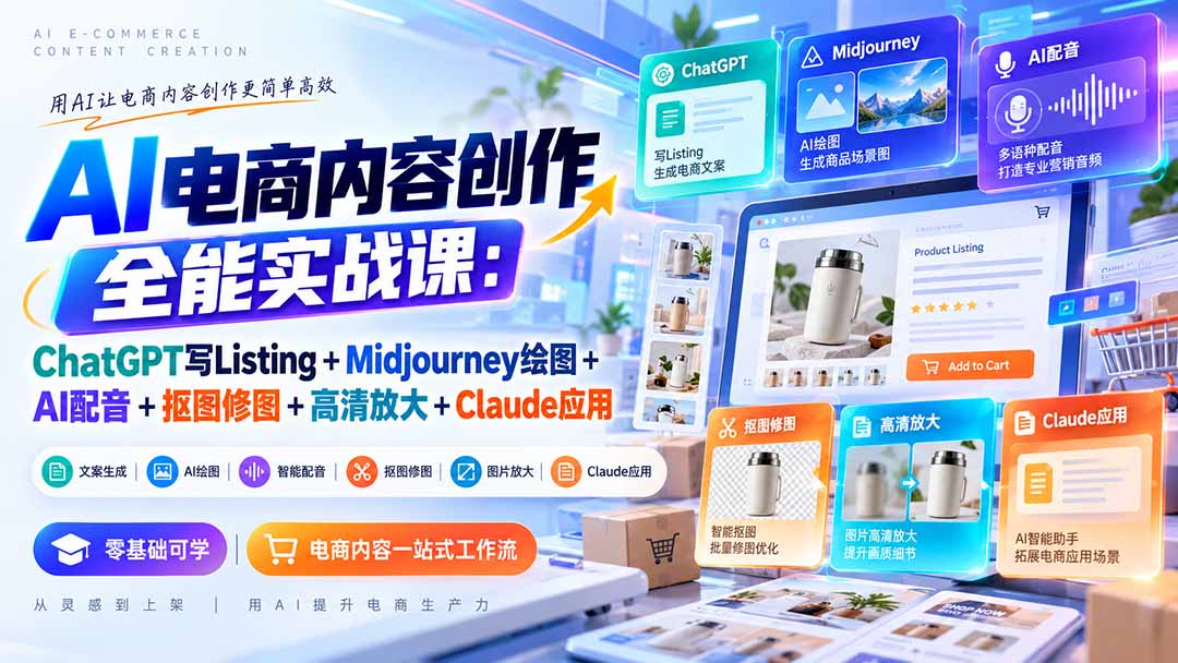 (20770期)【无水印】AI电商内容创作全能实战课:ChatGPT写Listing+Midjourney绘图+AI配音+抠图修图+高清放大+Claude应用