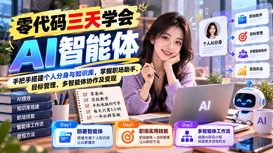 (20978期)【无水印】零代码三天学会AI智能体:手把手搭建个人分身与知识库,掌握职场助手、目标管理、多智能体协作及变现