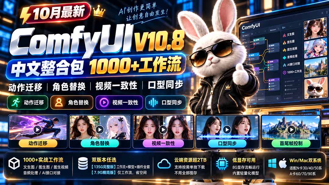 (21240期)10月最新ComfyUI V10.8中文整合包 1000+工作流 动作迁移 角色替换 视频一致性 口型同步 低显存可用