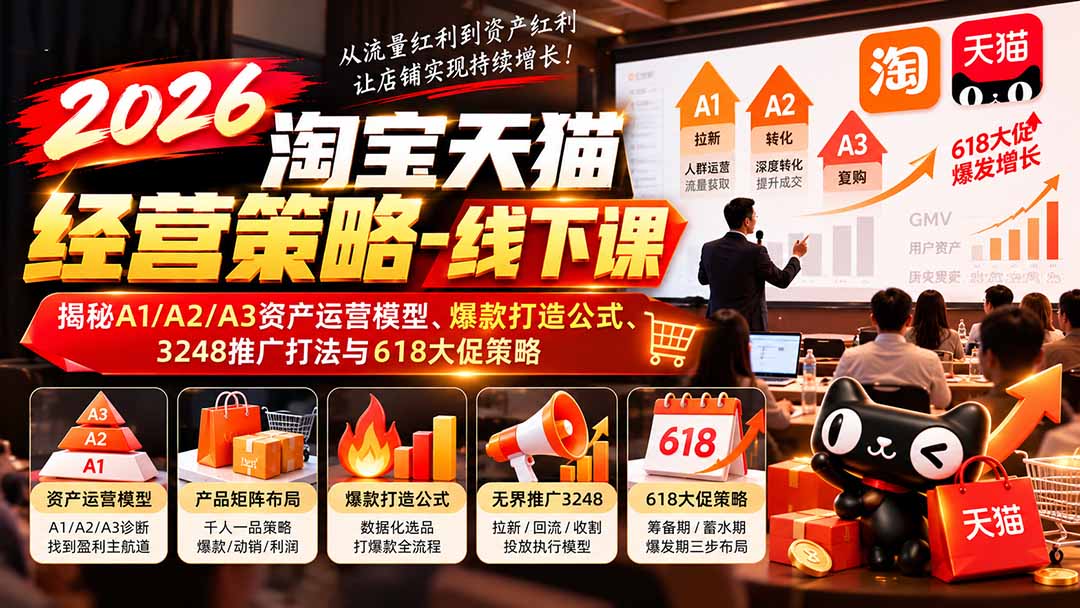（20912期）2026淘宝天猫经营策略-线下课：揭秘A1/A2/A3资产运营模型、爆款打造公式、3248推广打法与618大促策略