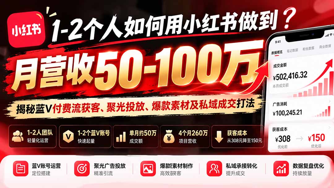 (20939期)1-2个人如何用小红书做到月营收50-100万?揭秘蓝V付费流获客、聚光投放、爆款素材及私域成交打法