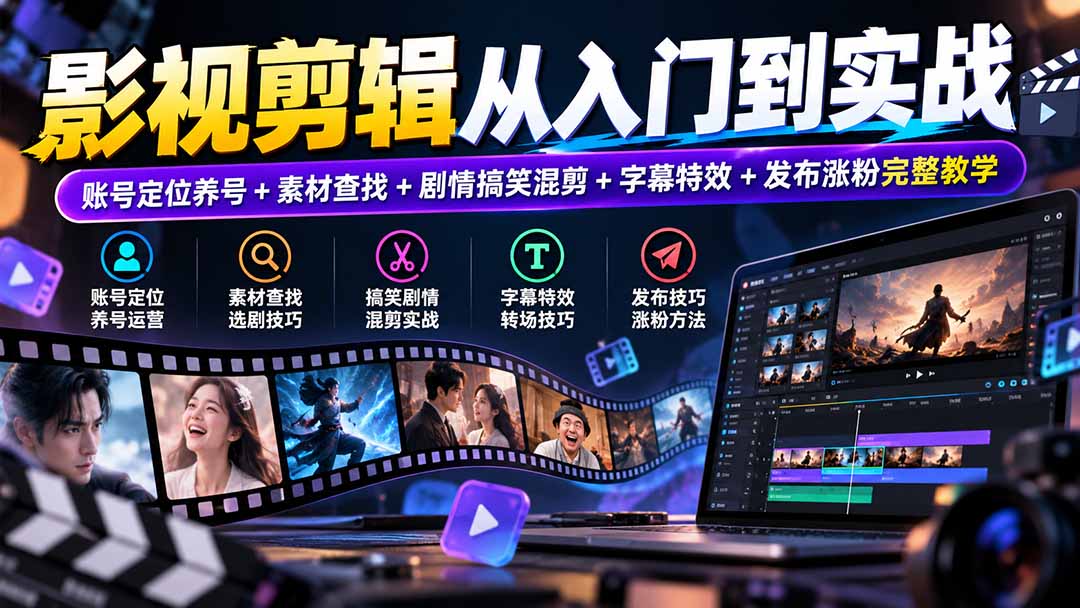 (20812期)影视剪辑从入门到实战:账号定位养号+素材查找+剧情搞笑混剪+字幕特效+发布涨粉完整教学