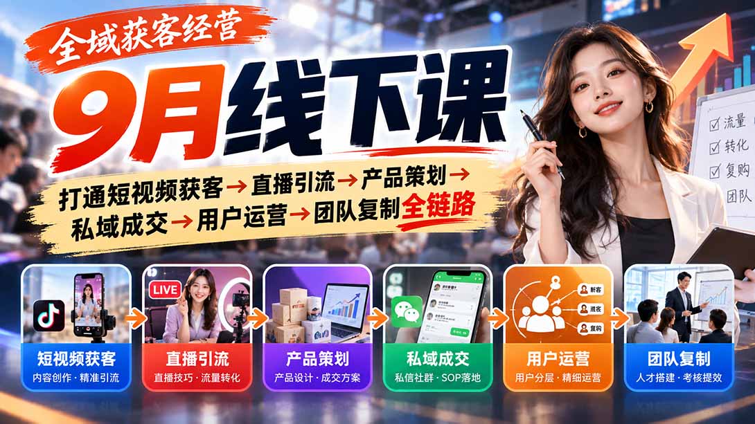 (20777期)全域获客经营9月线下课:打通短视频获客→直播引流→产品策划→私域成交→用户运营→团队复制全链路