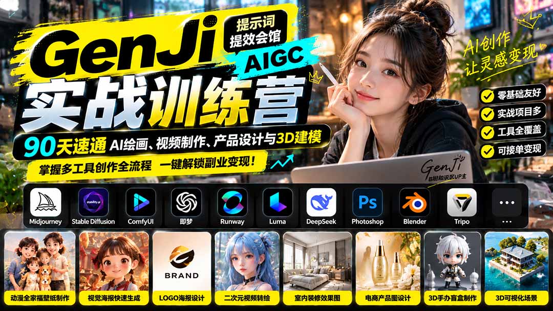 (21192期)GenJi AIGC实战训练营:90天速通AI绘画、视频制作、产品设计与3D建模,掌握多工具创作全流程