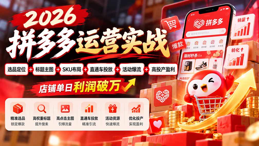 （20778期）2026拼多多运营实战-更新1002：选品定位+标题主图+SKU布局+直通车投放+活动爆流+高投产盈利 店铺单日利润破万