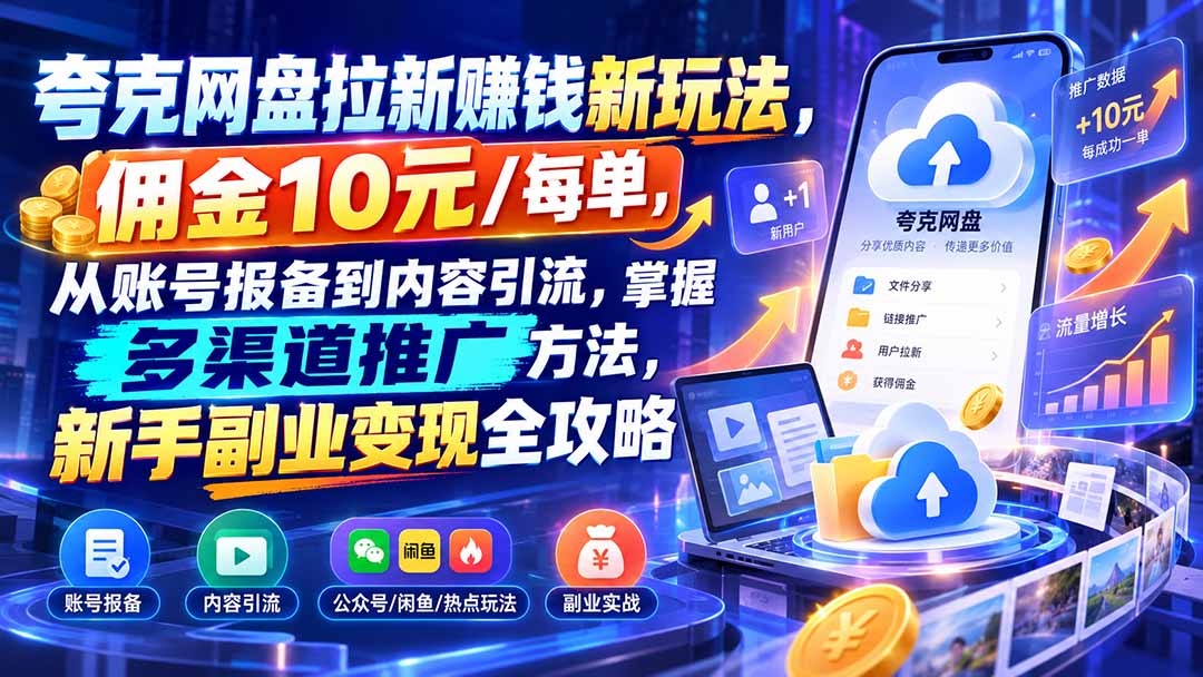(21108期)夸克网盘拉新赚钱新玩法,佣金10元/每单,从账号报备到内容引流,掌握多渠道推广方法,新手副业变现全攻略
